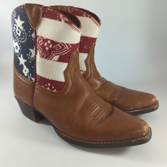 ARIAT Girls' Stars & Stripes - Size 2 / Snip Toe Cowboy Boots Leather Red Blue - Picture 1 of 10